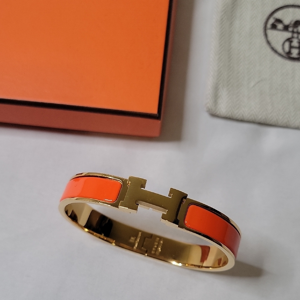 Hermes Orange Enamel Clic H Bracelet with Gold Hardware - Picture 2 of 4